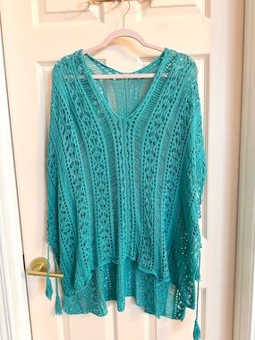 Turquoise crochet poncho swim cover up